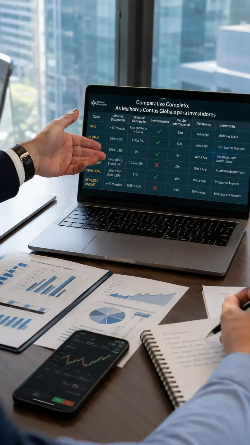 Comparativo completo de contas globais para investidores exibido em notebook com gráficos financeiros, análises cambiais e planejamento patrimonial em ambiente corporativo moderno.