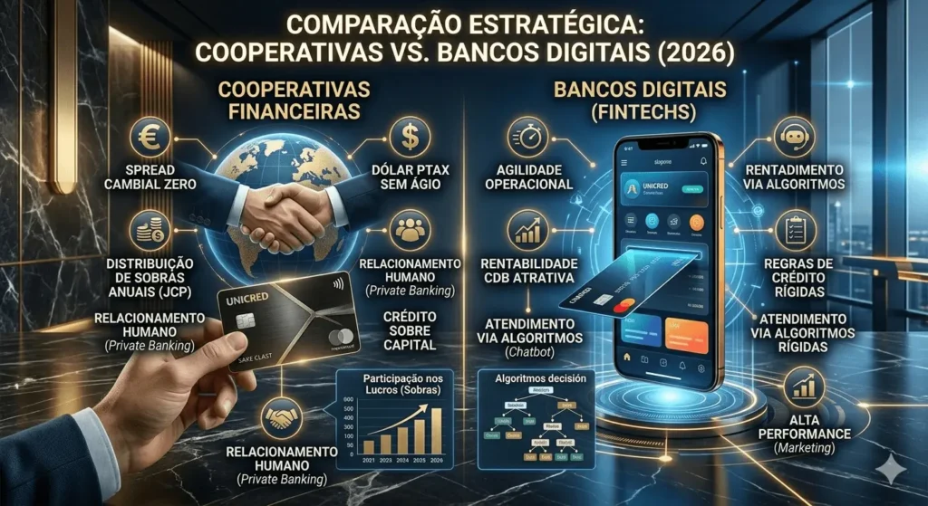 Panorama: Cartões de Crédito em Cooperativas (2026) 2 Infográfico analítico comparando as operações de bancos digitais com o ecossistema dos cartões de crédito em cooperativas. O painel visual destaca os diferenciais estratégicos do modelo cooperativista, como spread cambial zero, atendimento humanizado e distribuição de sobras, em contraste com a análise engessada por algoritmos das fintechs.