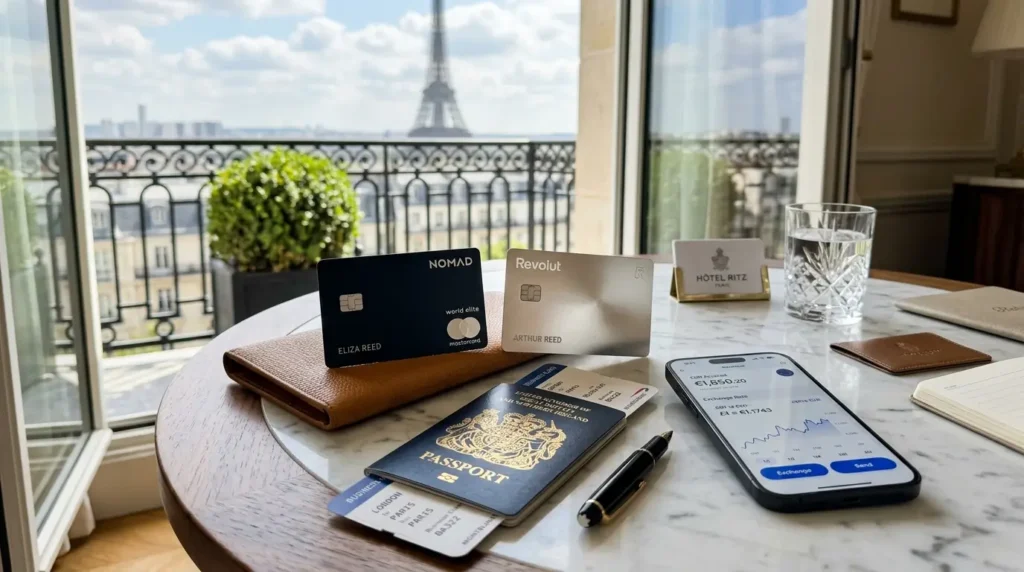 Nomad ou Revolut Ultra: O Comparativo Definitivo para sua Viagem à Europa em 2026 Smartphone e cartões globais em Paris ilustrando a escolha entre Nomad ou Revolut Ultra.