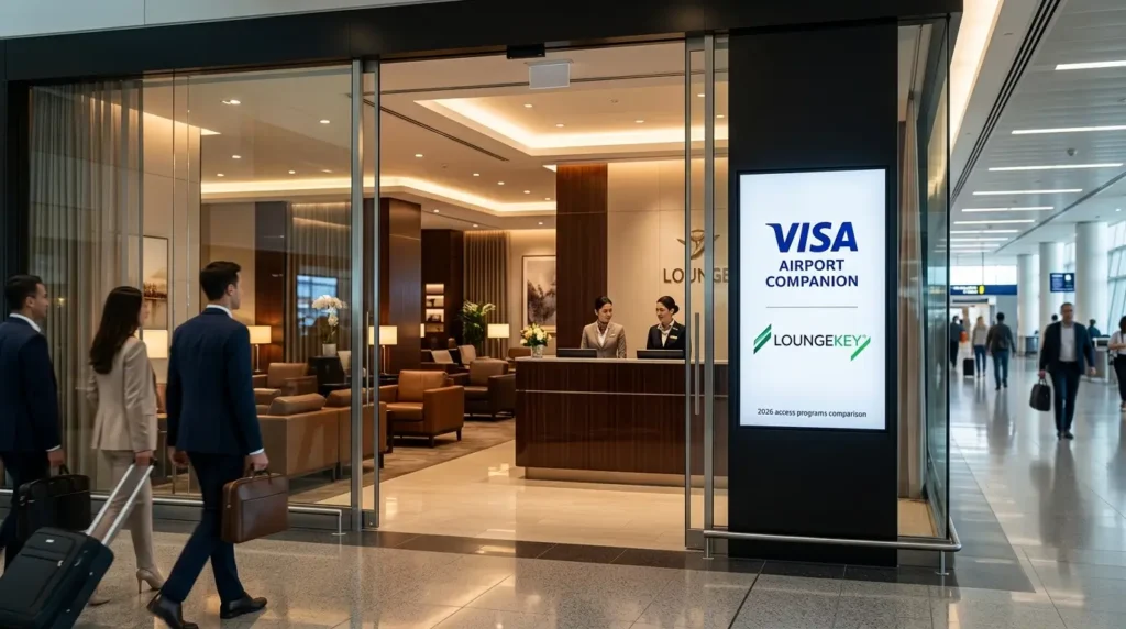 Visa Airport Companion vs LoungeKey: Qual o Melhor para Salas VIP em 2026? 1 Foto de alta qualidade mostrando a entrada de um lounge VIP luxuoso, com logos do Visa Airport Companion e LoungeKey