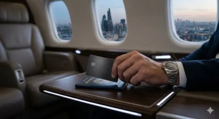 Panorama: Eficiência Global Domine o Spread do Dólar no Cartão Mão confiável de investidor com relógio de luxo segurando um cartão premium de titânio e passaporte dentro de uma cabine de avião executivo, simbolizando o controle e a economia no spread do dólar no cartão em viagens globais.