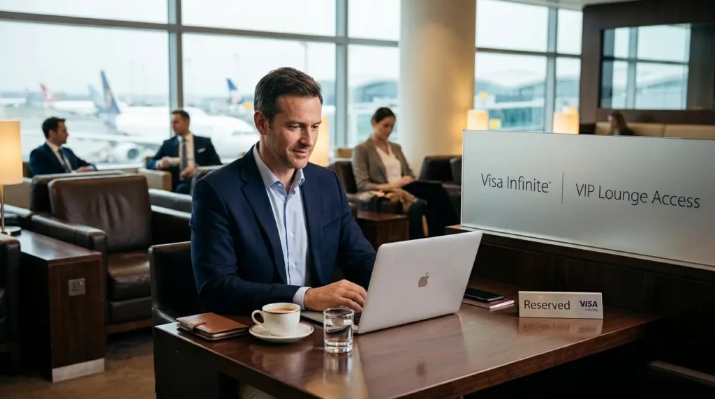 Cartão Visa Infinite Salas VIP Como Ativar e Utilizar o Acesso DragonPass em 2026 1 Executivo em viagem de negócios utilizando notebook em uma mesa reservada de sala VIP aeroportuária de alta renda, ilustrando as vantagens do cartão Visa Infinite salas VIP.