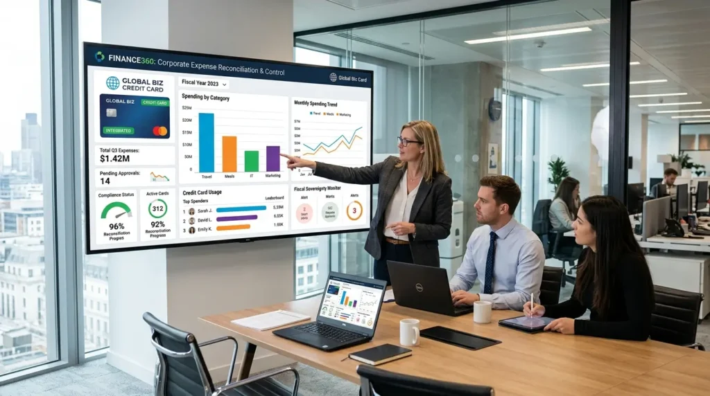 Melhor Cartão de Crédito Corporativo: O Guia de Gestão de Gastos PJ em 2026 1 Monitor exibindo dashboard de sistema de conciliação de despesas corporativas integradas com o melhor cartão de crédito corporativo, simbolizando a soberania fiscal.