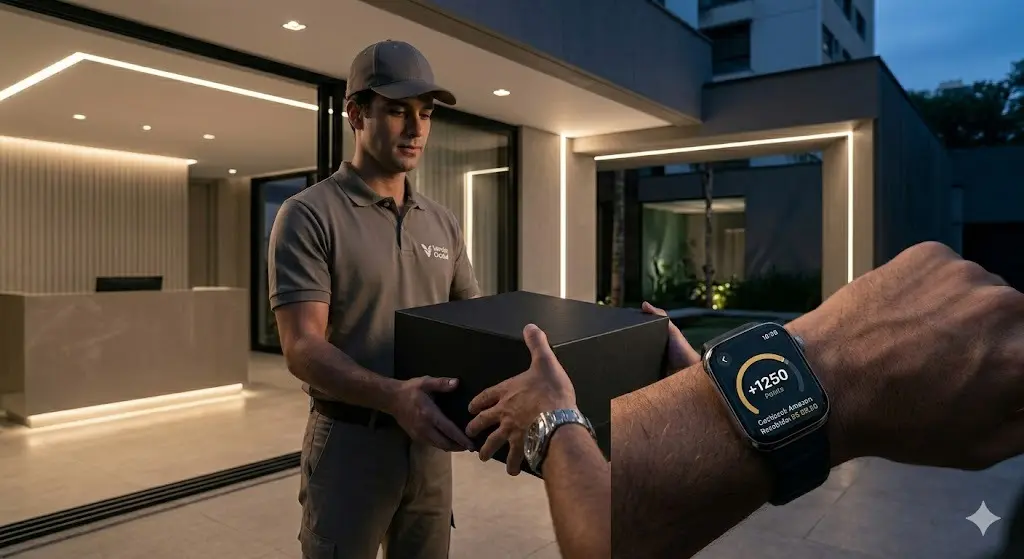 Estratégias de Acúmulo Acelerado no Varejo Online: O Guia Definitivo 3 Uma caixa de entrega sendo recebida em uma residência de luxo, com um smartwatch em destaque mostrando o recebimento de cashback, representando o sucesso no acúmulo acelerado no varejo.
