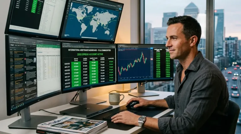 Empreendedor de comércio exterior lucrando com a política de spread zero no Inter em múltiplos monitores de arbitragem.
