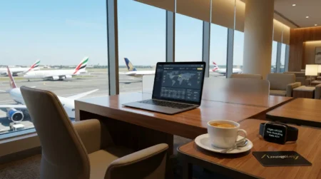 Panorama: Gestão de Milhas e Proteção contra a Inflação 2026 Interior de uma moderna estação de trabalho em um Lounge VIP de aeroporto internacional com vista para a pista. Uma mesa lateral exibe café, um smartwatch com notificação de voo e um cartão LoungeKey, representando a eficiência e o controle na gestão de milhas de alto padrão.