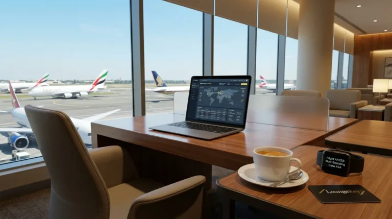 Interior de uma moderna estação de trabalho em um Lounge VIP de aeroporto internacional com vista para a pista. Uma mesa lateral exibe café, um smartwatch com notificação de voo e um cartão LoungeKey, representando a eficiência e o controle na gestão de milhas de alto padrão.