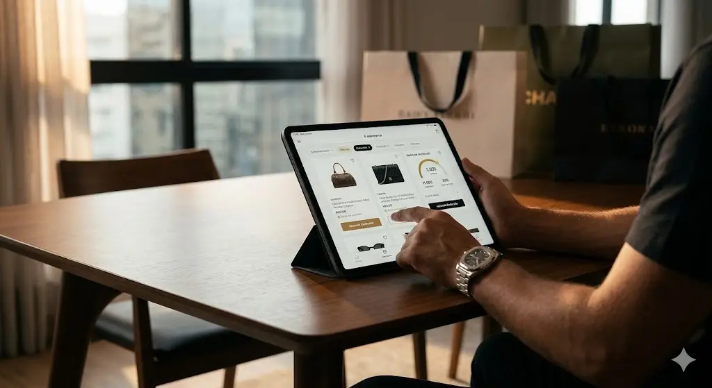 Estratégias de Acúmulo Acelerado no Varejo Online: O Guia Definitivo 1 Uma pessoa utilizando um tablet para realizar compras online em um ambiente sofisticado, com sacolas de marcas premium ao fundo, ilustrando o conceito de acúmulo acelerado no varejo.