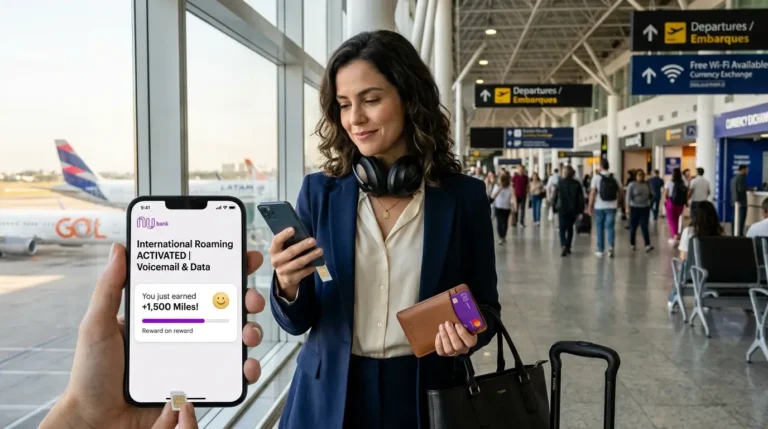 Executivo internacional ativando conectividade global no aeroporto sabendo que nubank tem milhas