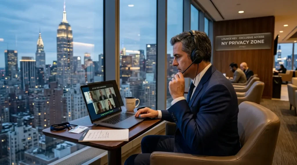 O Erro Global: Por Que Operar Sem Lounge Key Destrói a Sua Margem de Lucro 2 Reunião confidencial conduzida remotamente por executivo protegido na rede Lounge Key em Nova York