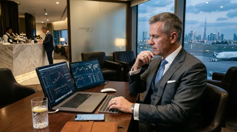 Executivo de alta renda realizando arbitragem financeira em uma sala VIP Lounge Key em Dubai