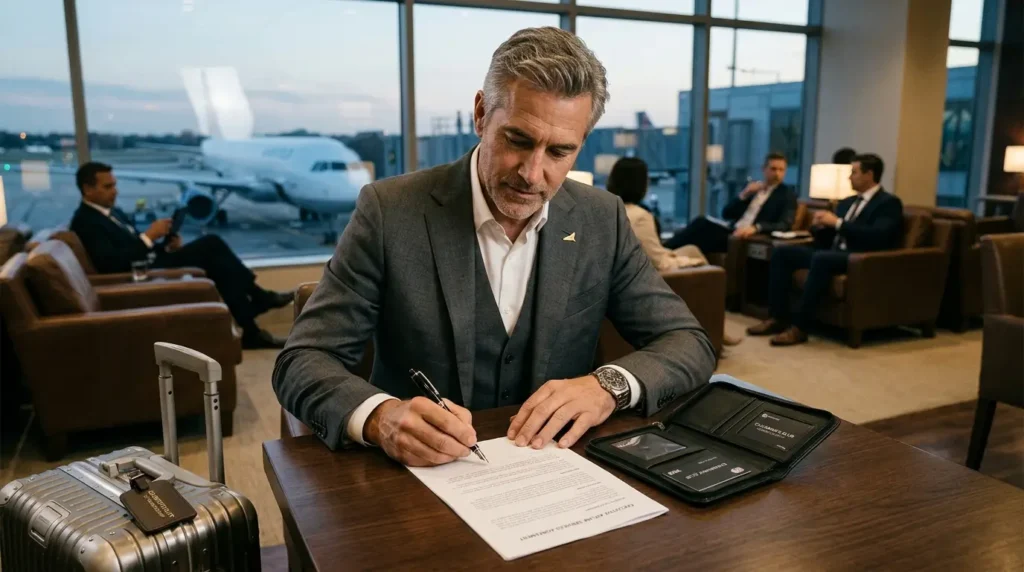 O Segredo da Balança: A Regra Definitiva Que Isenta a Alta Renda 2 Executivo assinando contrato em uma sala VIP usando as credenciais que isenta a alta renda das taxas aéreas