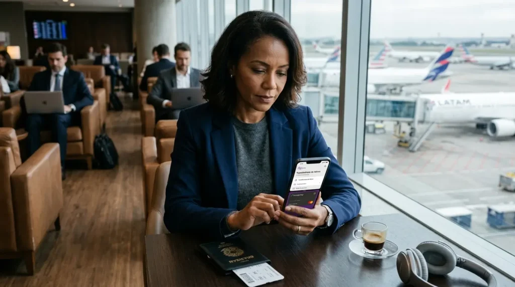 A Engenharia Oculta: Nubank Tem Milhas e o Segredo do eSIM Ultravioleta 2 Executivo global acessando o Lounge Key e transferindo ativos pois sabe que o nubank tem milhas.