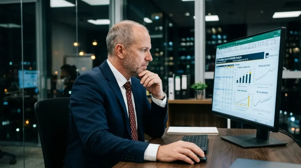 O Segredo do Cartão XP Investback: Por que o XP Infinite Ainda é o Rei do Setor de Alta Renda? 1 Executivo analisando monitor de engenharia financeira e a rentabilidade do Cartão XP Investback