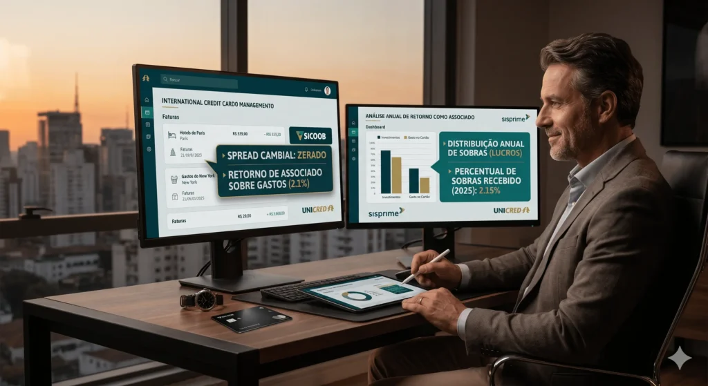 Panorama: Cartões de Crédito em Cooperativas (2026) 3 Investidor de alta renda em um escritório corporativo analisando painéis financeiros em monitores duplos. As telas exibem gráficos de rentabilidade e gestão de cartões de crédito em cooperativas como Sicoob, Sisprime e Unicred, com destaque para as métricas de spread cambial zerado e distribuição anual de lucros (sobras) para associados.