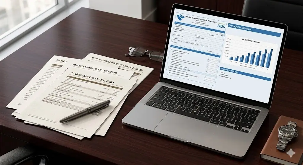 Panorama: Gestão de Milhas e Proteção contra a Inflação 2026 3 Documentos financeiros, caneta-tinteiro e laptop com relatórios de impostos sobre uma mesa executiva, destacando a importância da governança e tributação na gestão de milhas.