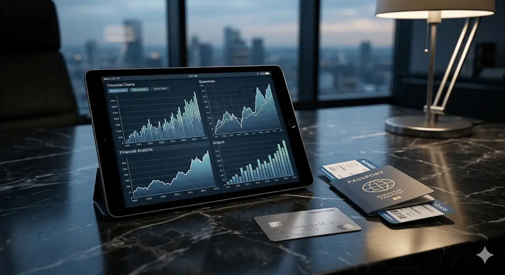 Panorama: Gestão de Milhas e Proteção contra a Inflação 2026 1 Tablet exibindo gráficos financeiros ao lado de um passaporte e bilhete aéreo sobre uma mesa de mármore, ilustrando a matemática financeira na gestão de milhas e proteção patrimonial.