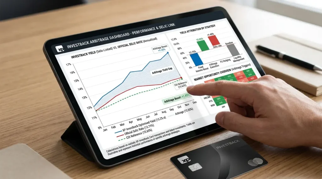 O Segredo do Cartão XP Investback: Por que o XP Infinite Ainda é o Rei do Setor de Alta Renda? 2 Gráficos de arbitragem mostrando o rendimento atrelado à Selic gerado pelo Cartão XP Investback.