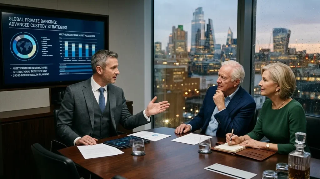 O Segredo do Private Banking Que Os Gerentes de Conta Escondem de Você 3 Reunião de alta renda discutindo estratégias avançadas de custódia e Private Banking global.