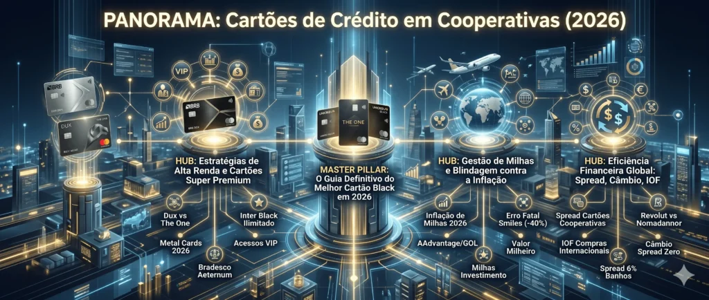 Panorama: Cartões de Crédito em Cooperativas (2026) 1 Um infográfico panorâmico futurista visualiza o mapa de autoridade temática do portal "Cartão e Milhas" para 2026. A imagem tem o título principal "PANORAMA: Cartões de Crédito em Cooperativas (2026)" e é estruturada em torno de um "MASTER PILLAR" central chamado "O Guia Definitivo do Melhor Cartão Black em 2026". Deste pilar central, três "HUBS" secundários se ramificam como grandes nós de dados: à esquerda, "Estratégias de Alta Renda e Cartões Super Premium"; no centro, "Gestão de Milhas e Blindagem contra a Inflação", com aviões e um globo; e à direita, "Eficiência Financeira Global: Spread, Câmbio, IOF". Diversos artigos e tópicos secundários, como "Dux vs The One", "Inflação de Milhas 2026" e "Câmbio Spread Zero", estão conectados a cada Hub, formando uma teia de conteúdo interconectada em um ambiente digital tecnológico com cartões de crédito e ícones financeiros.
