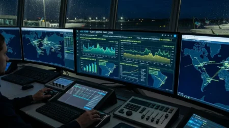 Azul Tecno: Como Funciona a Emissão com Pontos no Novo Sistema da Azul Tela de computador exibindo gráficos de precificação dinâmica e o painel do sistema Azul Tecno, simbolizando a tecnologia de emissão por pontos da Azul.
