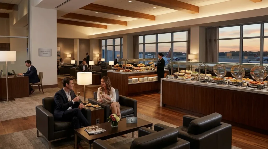 Melhores Cartões de Crédito Para Sala VIP O Dossiê de Acesso de Elite em 2026 2 Poltronas confortáveis e buffet de alta gastronomia no interior