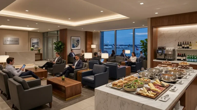 Poltronas confortáveis e buffet de alta gastronomia no interior de um lounge, demonstrando os benefícios dos melhores cartões de crédito para sala VIP.