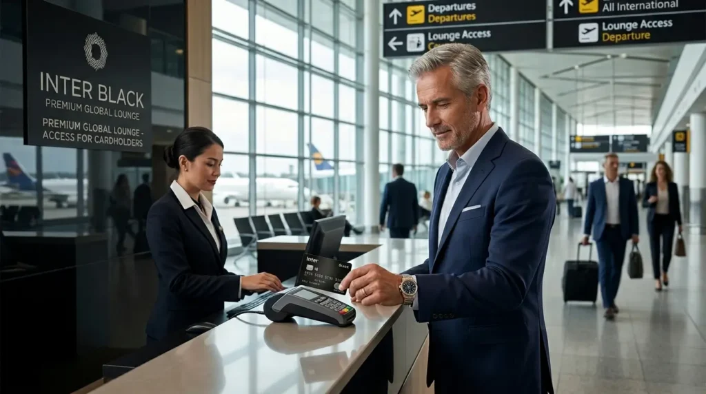 Investidor de alta renda utilizando o cartão Inter Mastercard Black em um aeroporto internacional, ilustrando a economia em moeda estrangeira com o spread zero e o acesso premium ao lifestyle global.
