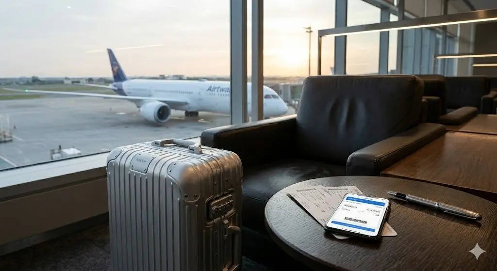 Uma mala de mão de alumínio premium Rimowa ao lado de uma poltrona de couro em lounge executivo com vista para a pista de decolagem, representando a logística de voo eficiente e o controle do spread do dólar no cartão.
