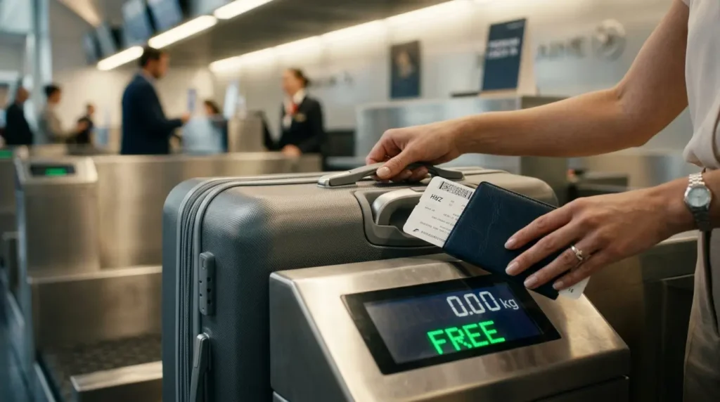 Uma mala de luxo na balança de check-in de aeroporto exibindo custo zero, simbolizando a brecha tarifária para despacho gratuito.