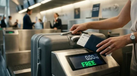 A Brecha Tarifária Implacável Para Despachar Bagagem de Graça em Qualquer Voo Uma mala de luxo na balança de check-in de aeroporto exibindo custo zero, simbolizando a brecha tarifária para despacho gratuito.
