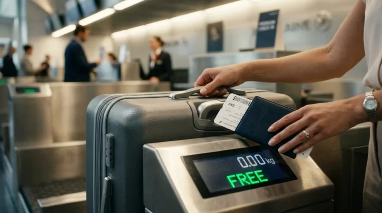 A Brecha Tarifária Implacável Para Despachar Bagagem de Graça em Qualquer Voo Uma mala de luxo na balança de check-in de aeroporto exibindo custo zero, simbolizando a brecha tarifária para despacho gratuito.