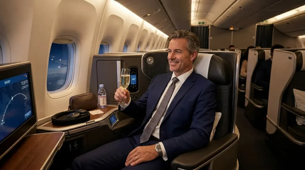 O erro fatal no resgate da Smiles que faz você perder 40% do seu dinheiro 3 Homem de negócios relaxando em uma poltrona de classe executiva luxuosa durante um voo internacional, segurando uma taça de champanhe.resgate milhas Smiles