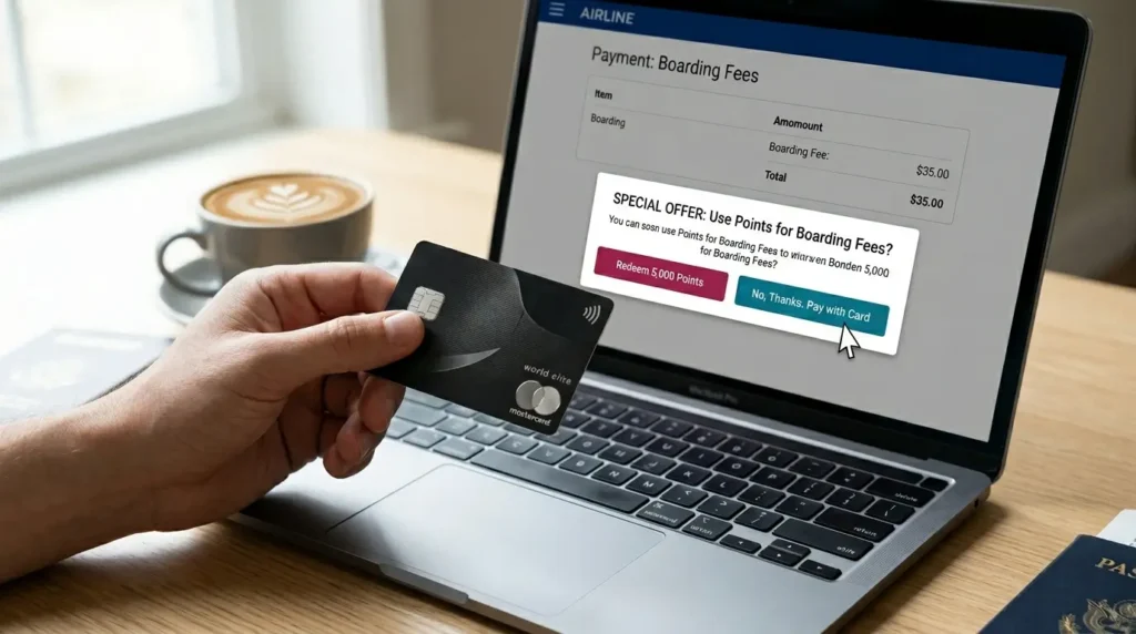 O erro fatal no resgate da Smiles que faz você perder 40% do seu dinheiro 2 Resgate milhas Smiles Mão segurando um cartão de crédito black na frente de um notebook, rejeitando a opção de pagar taxas de embarque com pontos.