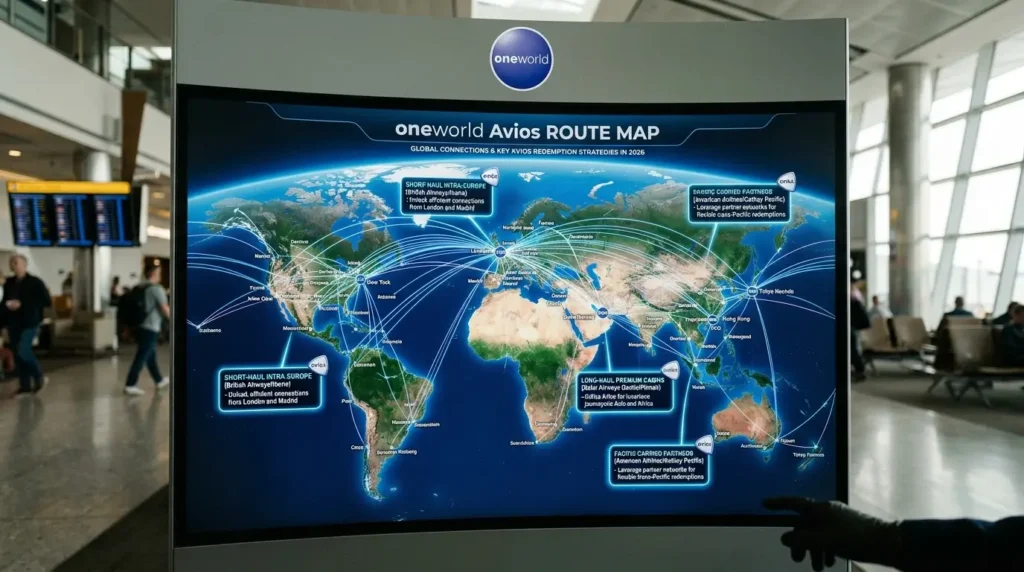 Estratégias de Emissão com Avios: O Guia British Airways e Ibéria Plus 2026 1 Infográfico digital exibindo as conexões globais da oneworld, destacando as principais estratégias de emissão com Avios em 2026.