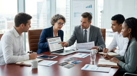 Executivos analisando balanço financeiro em notebook com cartões de crédito corporativos sobre a mesa de reuniões, ilustrando a escolha do melhor cartão de crédito corporativo.