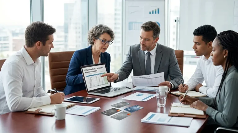 Melhor Cartão de Crédito Corporativo: O Guia de Gestão de Gastos PJ em 2026 Executivos analisando balanço financeiro em notebook com cartões de crédito corporativos sobre a mesa de reuniões, ilustrando a escolha do melhor cartão de crédito corporativo.
