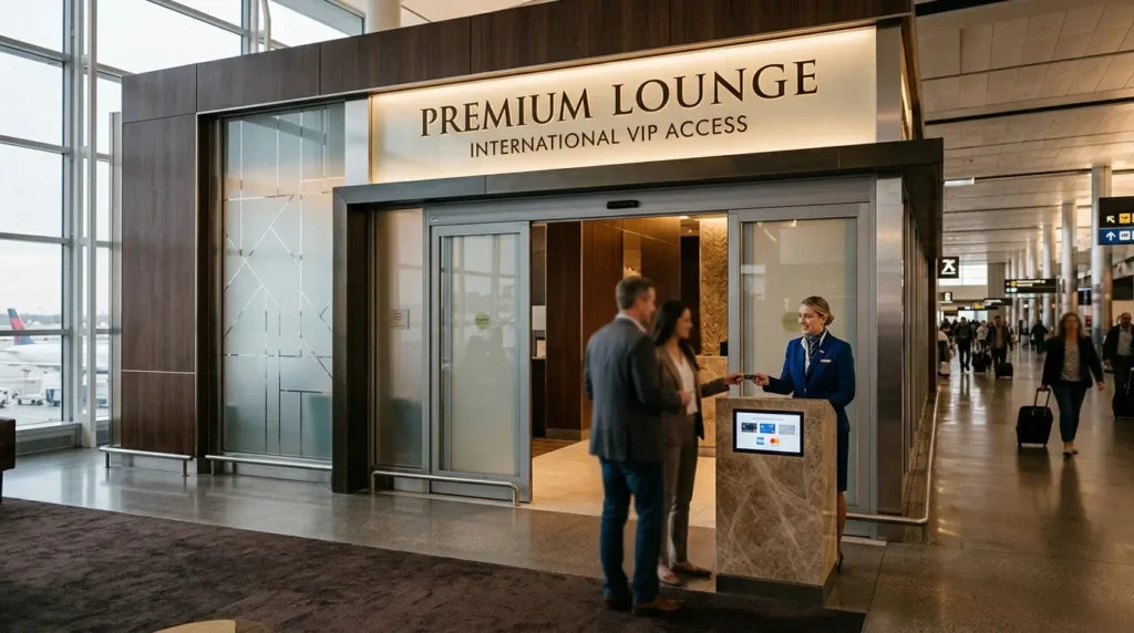 Melhores Cartões de Crédito Para Sala VIP O Dossiê de Acesso de Elite em 2026 1 Fachada moderna e elegante de um lounge vip em aeroporto internacional, ilustrando os acessos dos melhores cartões de crédito para sala VIP.
