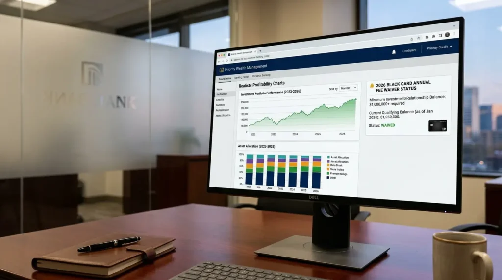 O Erro de R$ 1.500: A Verdade Oculta Sobre Como Isentar Anuidade de Cartão Black 1 Monitor de private banking com gráficos de rentabilidade real demonstrando como isentar anuidade de cartão black com investimentos em 2026