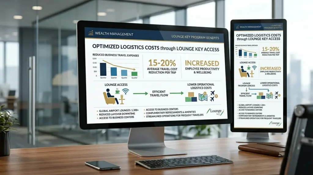 O Erro Global: Por Que Operar Sem Lounge Key Destrói a Sua Margem de Lucro 1 Monitor de private banking demonstrando a redução de custos logísticos através do acesso ao Lounge Key