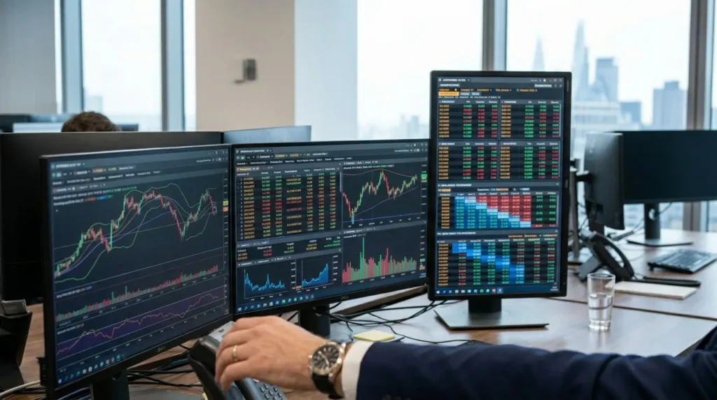 O Segredo do Private Banking Que Os Gerentes de Conta Escondem de Você 1 Monitores exibindo gráficos de arbitragem financeira e o spread cambial dentro do Private Banking.