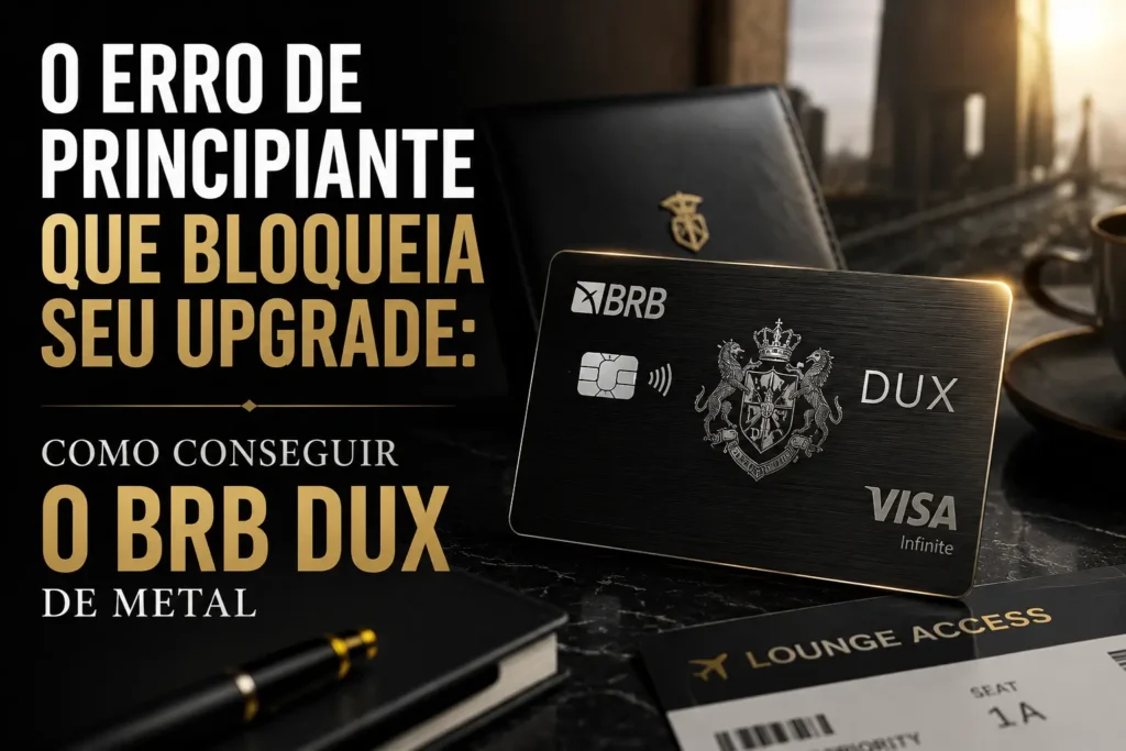 Executivo analisando o cartão BRB Dux Visa Infinite de metal ao lado de gráficos financeiros, simbolizando estratégias para conseguir o BRB Dux e maximizar benefícios de cartões Black premium em 2026.