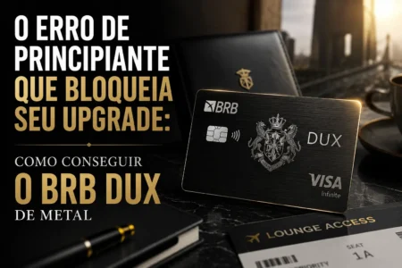 O Erro de Principiante Que Bloqueia Seu Upgrade: Como Conseguir o BRB Dux de Metal Executivo analisando o cartão BRB Dux Visa Infinite de metal ao lado de gráficos financeiros, simbolizando estratégias para conseguir o BRB Dux e maximizar benefícios de cartões Black premium em 2026.