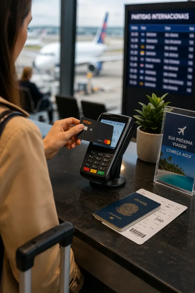 Comparativo de Spread Cambial em Cartões: o custo invisível das compras internacionais 1 Cartões de crédito premium, passaporte e avião representando compras internacionais e câmbio.