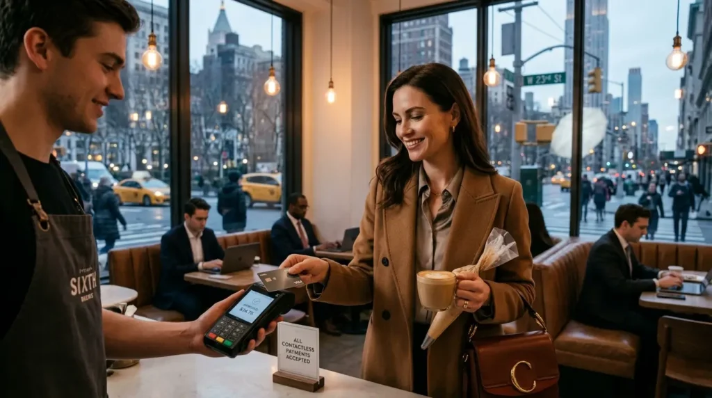 Cartão Global Inter: O Guia Definitivo da Conta Internacional em 2026 1 Mostrará um cliente de alta renda utilizando o cartão por aproximação em um café premium em Nova York, reforçando o uso global.