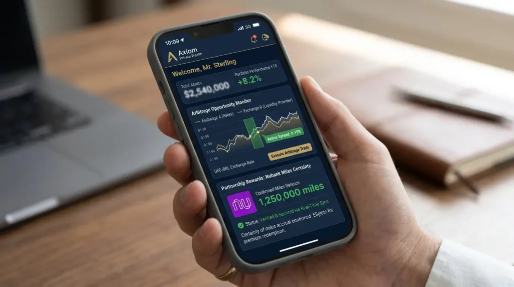 A Engenharia Oculta: Nubank Tem Milhas e o Segredo do eSIM Ultravioleta 1 Painel de Private Banking demonstrando gráficos da arbitragem de dados e a certeza de que nubank tem milhas.