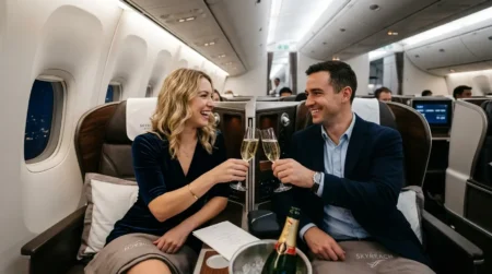 Casal brindando na cabine executiva de um avião, celebrando a emissão realizada através do benefício de acompanhante grátis no cartão de crédito.