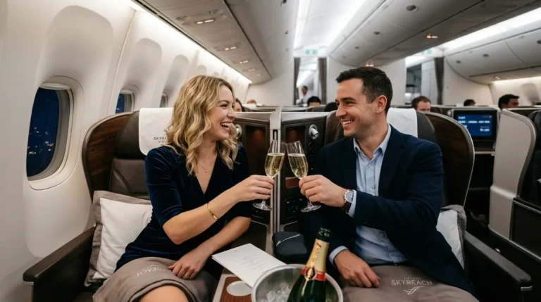 Casal brindando na cabine executiva de um avião, celebrando a emissão realizada através do benefício de acompanhante grátis no cartão de crédito.