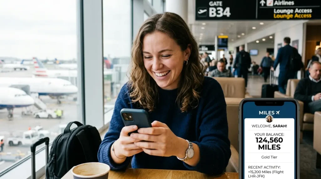 O Plano Definitivo para Juntar Milhas em 2026: Da Estaca Zero à Passagem na Mão 2 Aplicativo de milhas exibindo saldo de pontos em um smartphone.