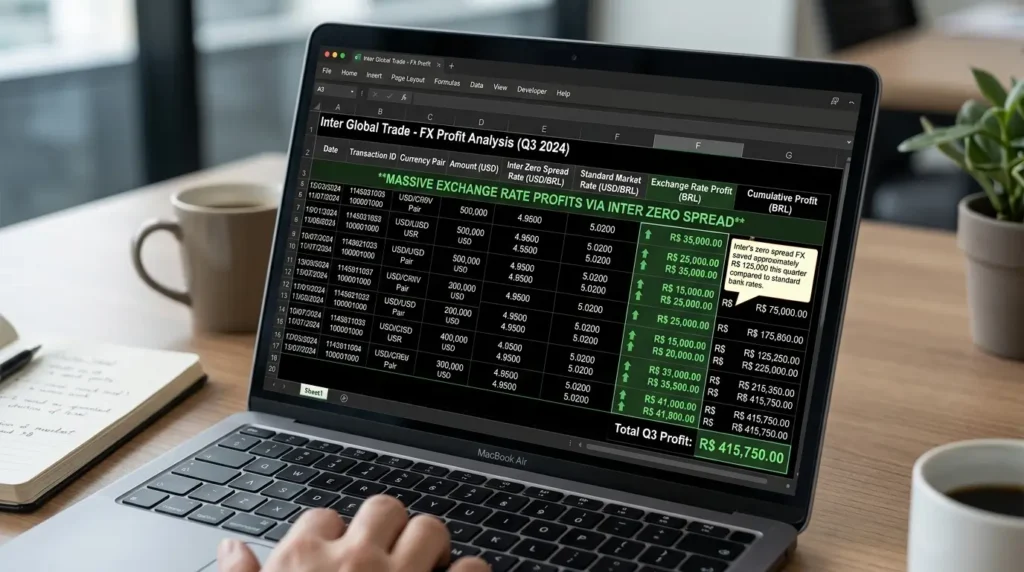 Planilha financeira de comércio exterior destacando os massivos lucros cambiais via spread zero no Inter.